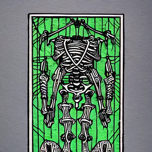 Image similar to tarot card style skeleton made from metal and wires, extremely detailed, line work, black and green, parchment, card, tarot, manuscript, 8 k
