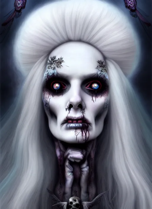 Image similar to goddess of death in a cemetary, white hair, decaying face, cool colors, digital painting, realism, extreme detail, trending on artstation, by natalie shau and hans zatzka