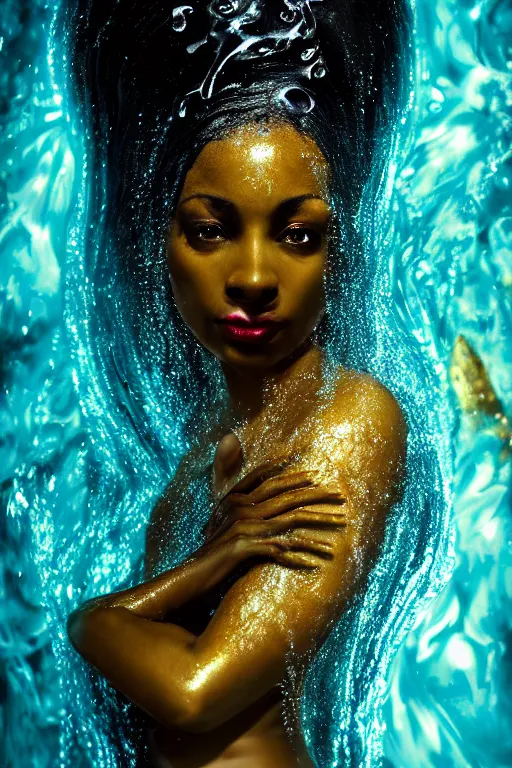 Image similar to hyperrealistic post rococo cinematic very expressive! black oshun goddess, in water up to her shoulders, translucent dripping droplet!, gold flowers, highly detailed face, digital art masterpiece, smooth eric zener cam de leon dramatic pearlescent teal back lighting, low angle uhd 8 k, sharp focus