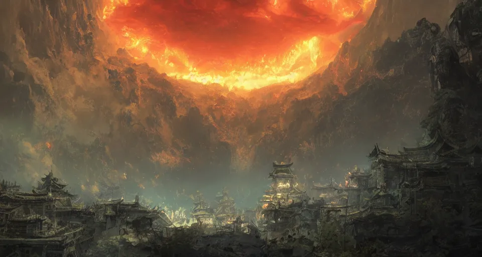 Prompt: craig mullins and ghibli digital art of a bigunreal hell door with fire in the sky in china ， black night sky, stars, below is the crowd, rivers, villages ， unreal engine, hyper realism, realistic shading, cinematic composition, realistic render, octane render, detailed textures, photorealistic, wide shot