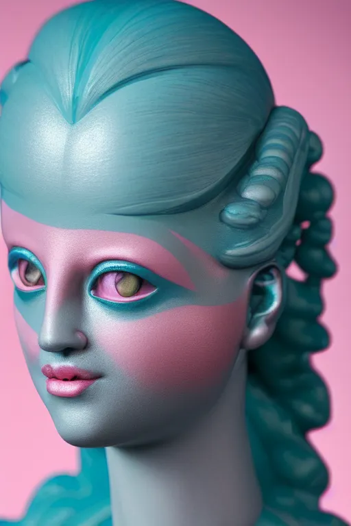 Image similar to hyperrealistic very detailed profile of rococo female face with pink eyes and mechanical mouth tjalf sparnaay very soft dark teal lighting wide angle 35mm shallow depth of field 8k