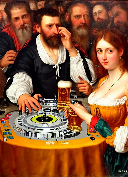 Prompt: large technics dj table octoberfest invite card, man and round faced woman watching to the camera, beer glasses, strudels and birthday presents surrounded by presents, realistic, highly detailed, digital illustration, trending in artstation, classical painting, smooth, sharp focus art by ilya repin