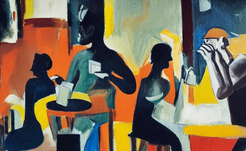 Prompt: oil painting in the style of john craxton. sailors in the shadows of jazz club. crete. forearms. cheekbones. looking. strong expressions on faces. smoke. holding cigarettes. playing cards. scratch. strong lighting. brush. single flower. in the style of ivon hitchins. seated figure hands on table. line drawing. high detail.