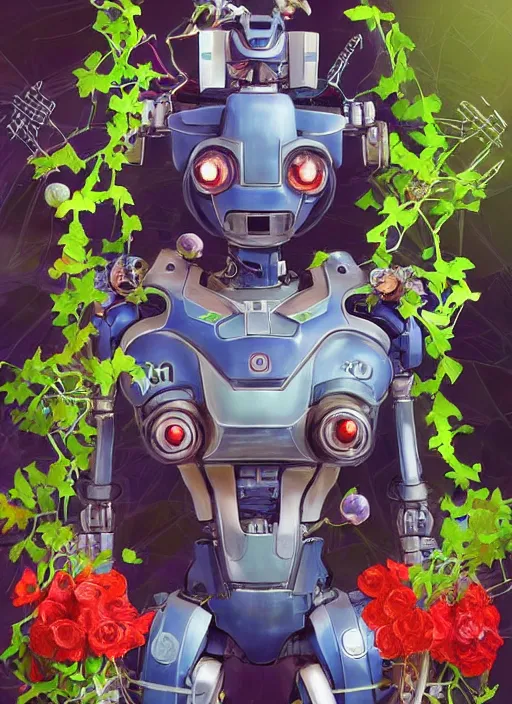 Prompt: colourful - 3 d vfx art - portrait of a mecha robot wearing a baseball cap with vines & flowers growing from inside, art style by tenmyouya hisashi, concept art, unreal engine render, digital illustration, claymation, sharp, intricate detail, volumetric light, ray tracing, soft light, symmetric, pinterest, artstation, behance,