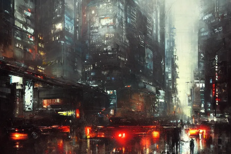 Image similar to neotokyo cityscape painted by jeremy mann, street - level, dripping oil paint, highly detailed, high resolution