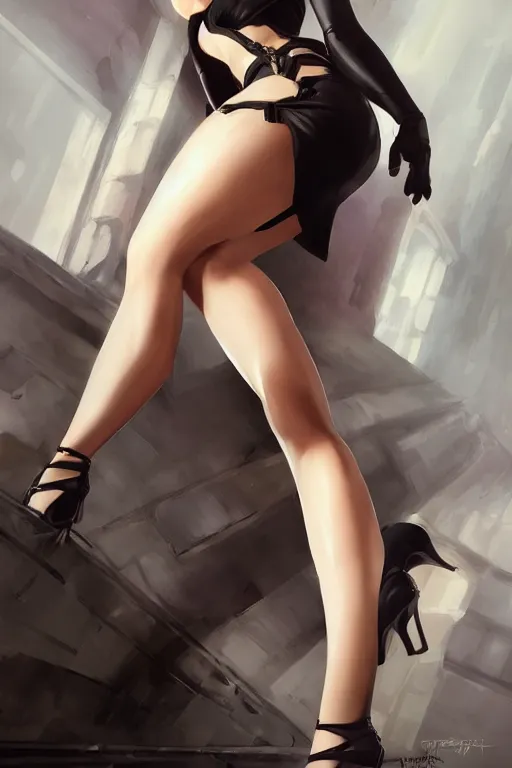 Prompt: tifa lockhart, strappy dress, wolford tights, stilettos, art by artgerm and greg rutkowski, portrait, highly detailed, digital painting, trending on artstation, concept art, sharp focus, illustration