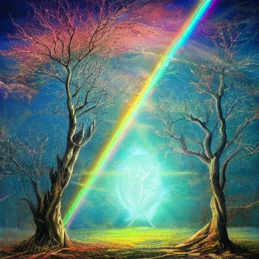 Image similar to the ghost of the world tree radiates rainbow light into the dark cosmos, epic painting, romanticism, atmospherics