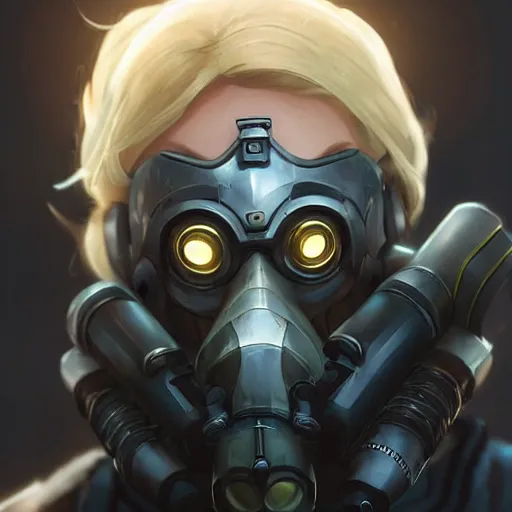 Image similar to mercy overwatch wearing cyber gas mask, 8 k resolution, highly detailed, intricate, very beautiful face, very detailed eyes, by greg rutkowski, wlop