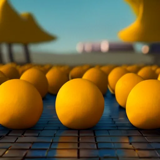 Image similar to a cinematic film still from a 2022 Pixar movie about anthropomorphic lemons, in the style of Pixar, shallow depth of focus