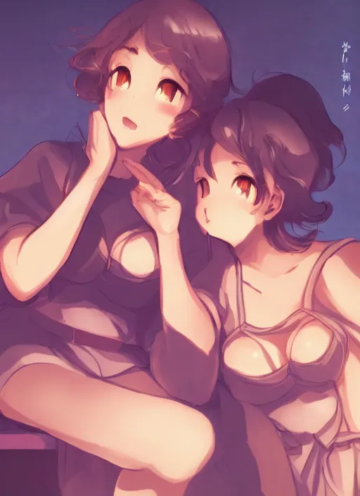 Prompt: two beautiful mothers sitting on a hot summer evening, gorgeous faces, thick lines, cinematic lighting, detailed anime art