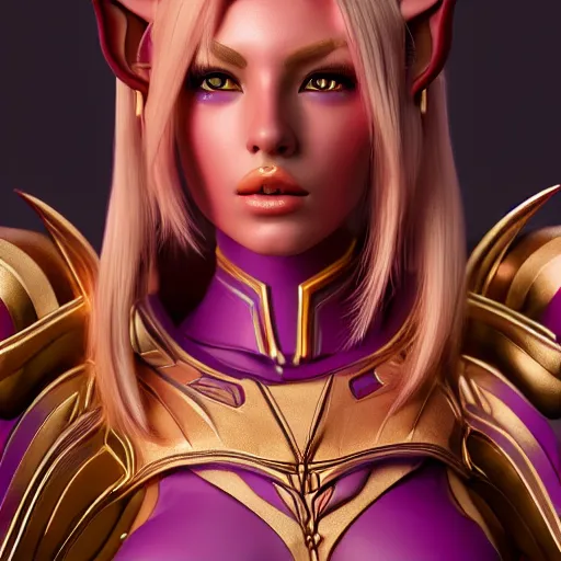 Image similar to portrait of a beautiful female high elf, tan skin, magenta eyes 3 d octane render trending on art station 8 k