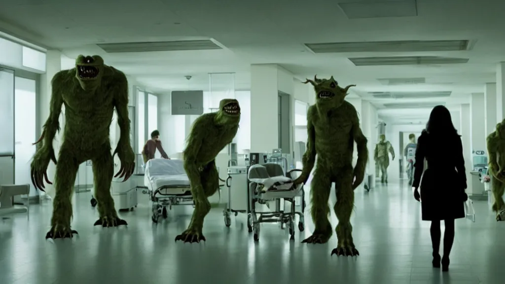 Image similar to monsters invade the hospital, film still from the movie directed by denis villeneuve and david cronenberg with art direction by salvador dali, wide lens