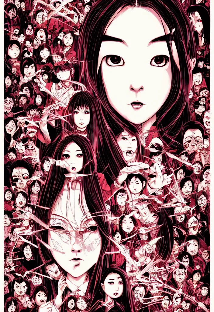 Image similar to a comic book style japanese horror poster of girl with large eyes by dan mumford, yusuke murata, junji ito and artgerm, blood lines, yokai, shinigami, cherry blossom, eyes, shurikens, kanji, 8k, unreal engine, trending on artstation, pixiv, intricate details, volumetric lighting