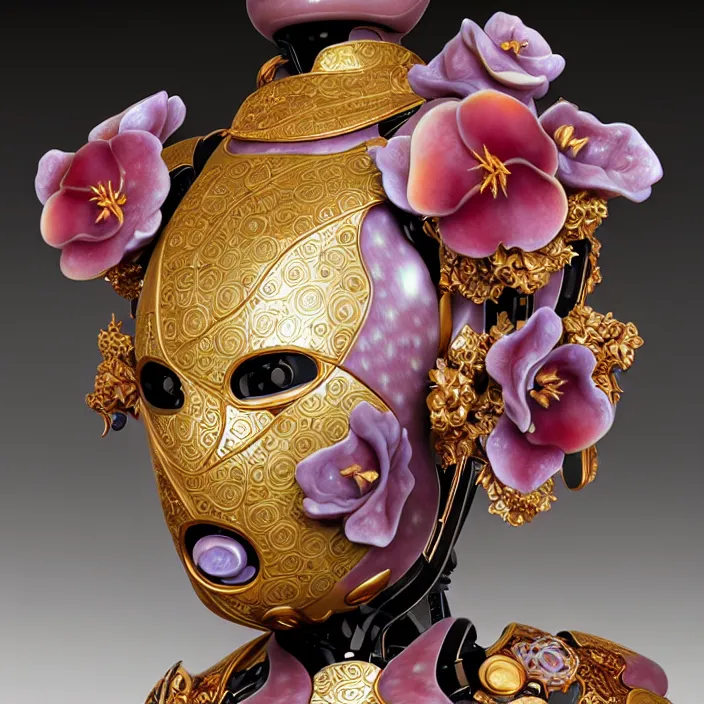 Image similar to ceramic cyborg, Kakiemon design with plums and stylized flowers in glaze and gilding, diffuse lighting, fantasy, intricate, elegant, highly detailed, lifelike, photorealistic, digital painting, artstation, illustration, concept art, smooth, sharp focus, art by John Collier and Albert Aublet and Krenz Cushart and Artem Demura and Alphonse Mucha