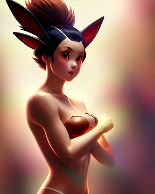 Prompt: photo of eevee pokecmon humanisation, by greg rutkowski, gil elvgren, enoch bolles, glossy skin, pearlescent, anime, very coherent