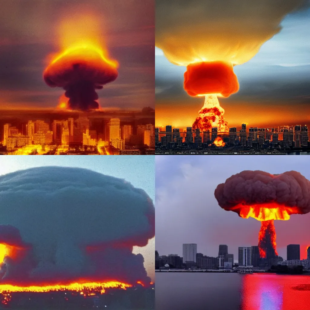 Prompt: a nuclear mushroom cloud rises over a city engulfed in flames, modern picture taken from far away.