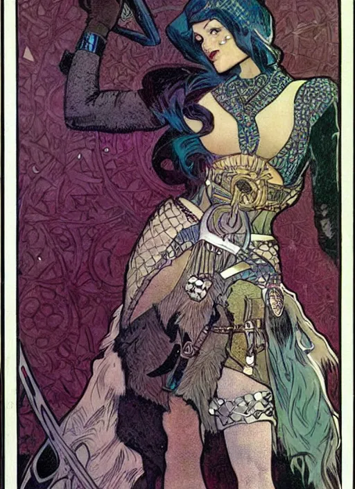 Prompt: a beautiful young woman. she is a barbarian, dressed in fur and chain mail. well composed, clean elegant painting, beautiful detailed face. retro comic book art by steve ditko and jack kirby and ( alphonse mucha )