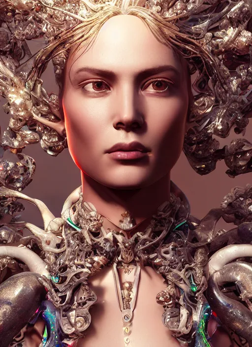 Image similar to beauteous stunning practical sumptuous androgynous biomechanical with incredible iridescent pearlescent voluminous hair, crystalline masterpiece incrustations, hyperdetailed face, elegant pose, movie still, intricate accuracy, octane render, cinematic forest lighting, cgsociety, unreal engine, crepuscular rays, god rays