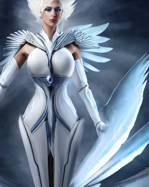 Image similar to perfect white haired attractive egyptian goddess with huge white dove wings, warframe armor, beautiful, symmetric, charlize theron, half asian, pretty face, blue eyes, scifi platform, laboratory, experiment, 4 k, ultra realistic, epic lighting, android body, illuminated, cinematic, masterpiece, art by akihito tsukushi, voidstar