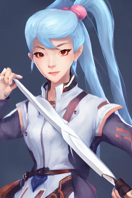 Image similar to a south korean female from paladins, white ponytail hair, she is holding a kunai, wearing light blue jacket, highly detailed digital art, character design, masterpiece