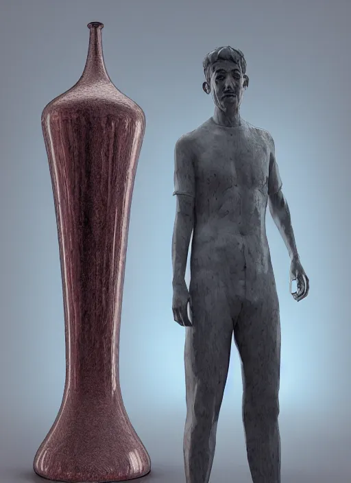 Image similar to a sculpture of a man standing next to a tall vase, a raytraced image by Hikari Shimoda, polycount, video art, vray tracing, ray tracing, rendered in unreal engine