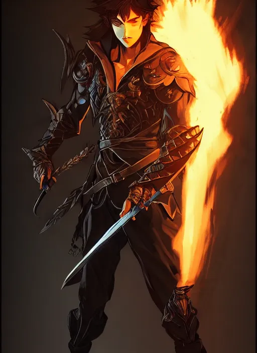 Image similar to Half body portrait of a young prodigy elven male swordman wielding fire. In style of Yoji Shinkawa and Hyung-tae Kim, trending on ArtStation, dark fantasy, great composition, concept art, highly detailed, dynamic pose.