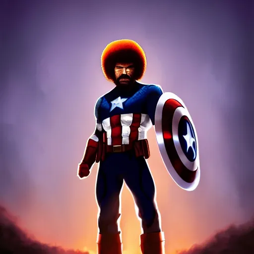 Prompt: Bob Ross as captain america, digital art, concept art, sunset sky in the background, symmetrical, highly detailed, high quality, concept art, Deviant Art, anime style