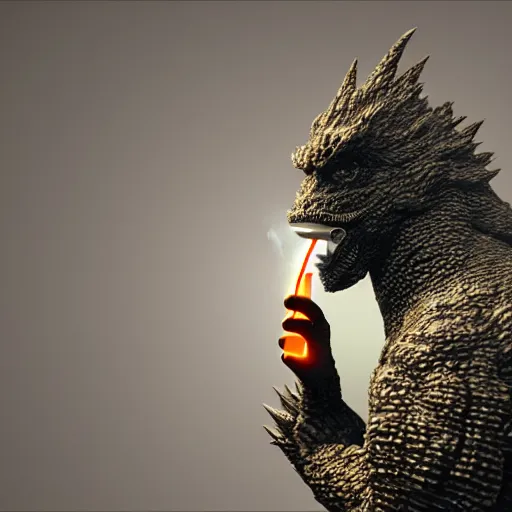 Image similar to anthropomorphic godzilla smoking cigarette, vray