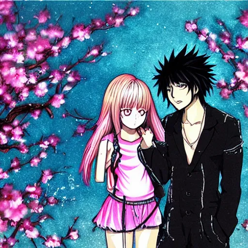 Image similar to zhongli and Tartaglia,Official character illustration,Popular on Pixiv,Death Note,fantasy cherry blossom background