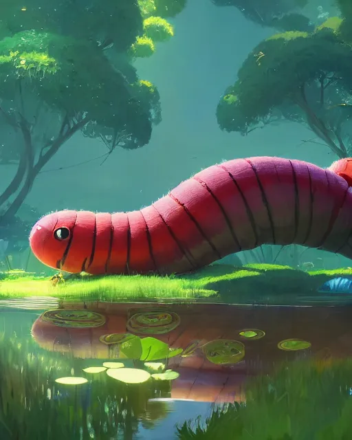 Image similar to a giant caterpillar taking a bath in a spring with lush vegetation around, cory loftis, james gilleard, atey ghailan, makoto shinkai, goro fujita, character art, rim light, exquisite lighting, clear focus, very coherent, plain background, soft painting