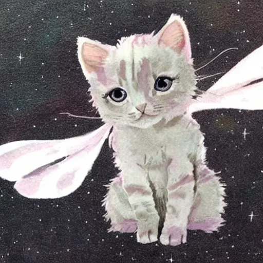 Prompt: a cute kitten with fairy wings, in the style of studio ghibli