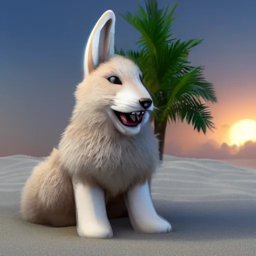 Image similar to a photorealistic adorable chubby charming but vicious fennic fox wolf rabbit hybrid, with long floppy rabbit ears, wearing bows on the top of its head, grinning at the camera with a mischievous look, sharp teeth, happy lighting, at a tropical beach