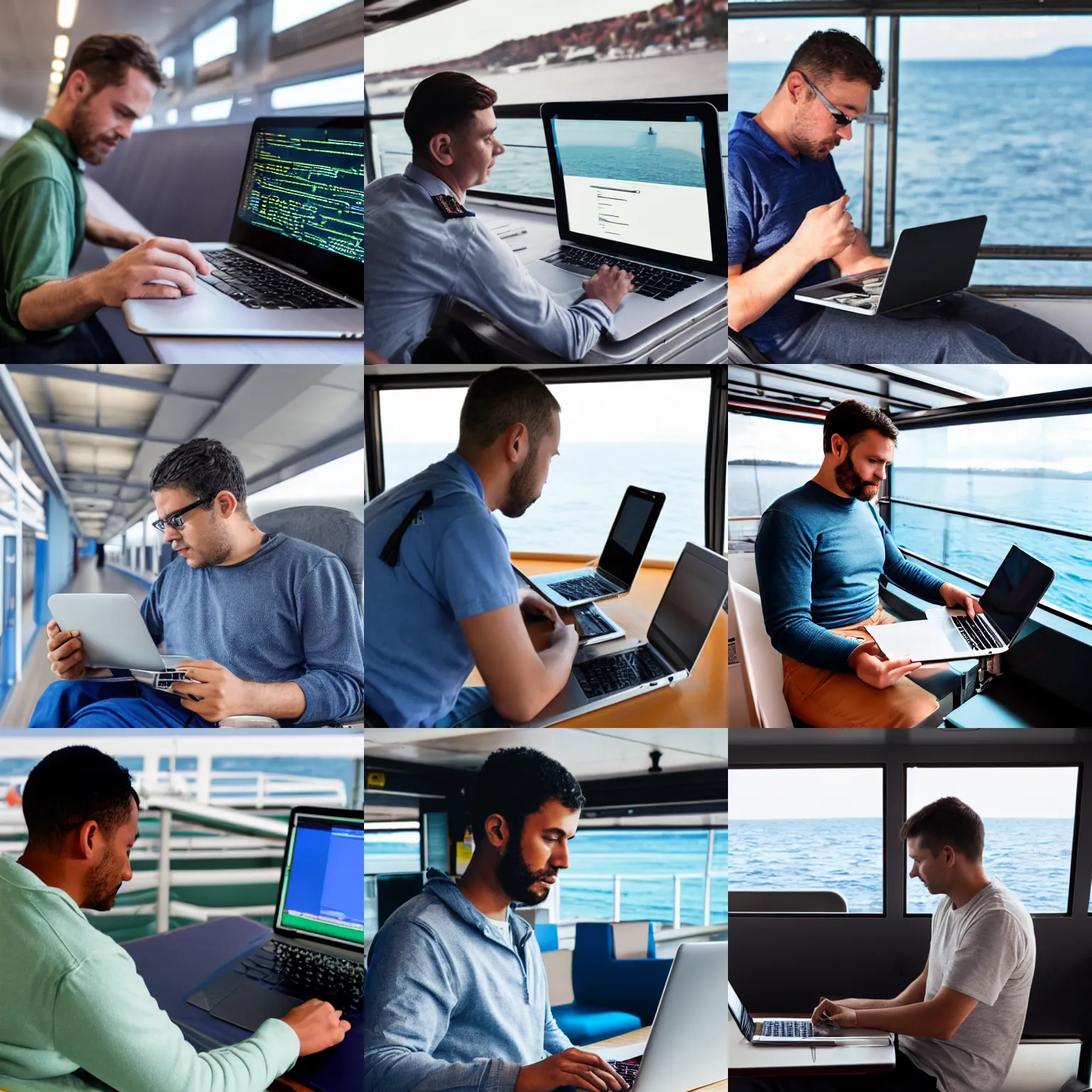 Prompt: Man riding inside of a ferry works on a laptop writing code