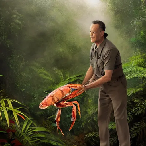 Image similar to Tom Hanks as forrest gump riding a giant shrimp in the jungle, realistic digital painting, photoreailstic, realistic face, amazing detail, sharp