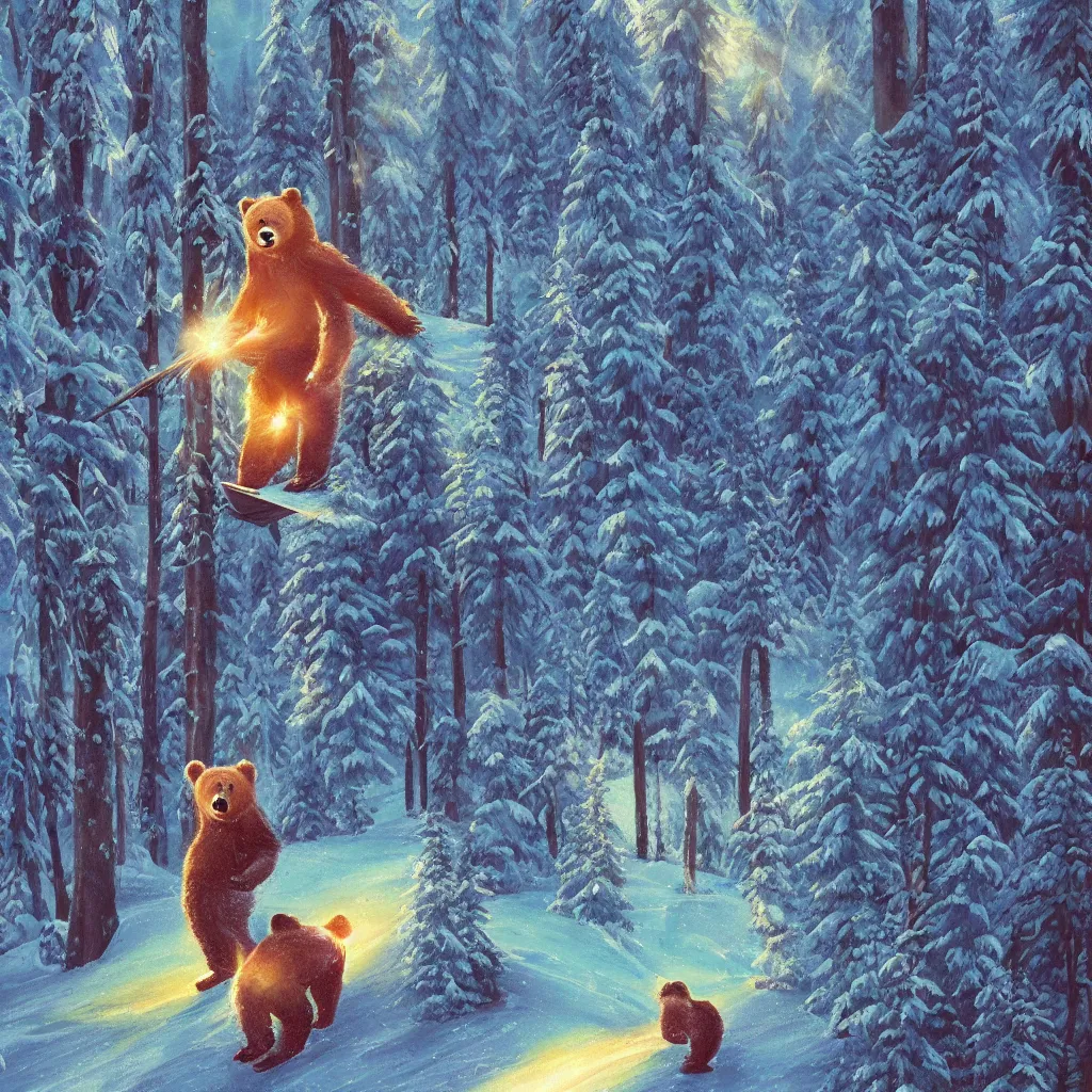 Image similar to a bear skiing down hill through a forest. the bear is a cute humanoid fluffy cub, light rays are shining through the trees above, beautiful light. trending on artstation 4 k award in winning artwork. vivid colors. detailed painting. kids book illustration.