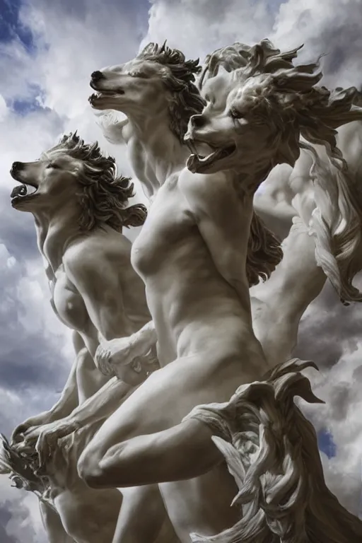 Prompt: Dramatic view of Cerberus statue sculpted on white stained marble by Bernini and kris kuksi, Bastien Lecouffe-Deharme, Maxfield Parrish