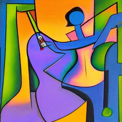 Prompt: woman woman plays the violin in the forest by the moonlight, abstract art in the style of cubism and georgia o’keefe ,