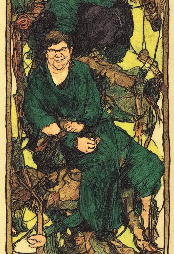 Image similar to Yann LeCun smiling on the Rider–Waite tarot. Illustration by preraphaelists.