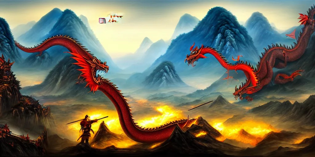 Image similar to Chinese president, bananas weapon, battle, dragon, centered, highly detailed, mountains, epic composition, background, fantasy art, oil painting, 8k