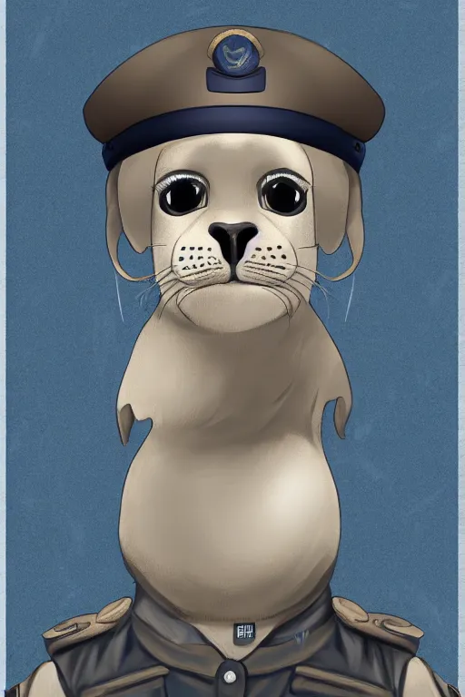 Image similar to A cute seal shown in navy uniform, digital art, extremely detailed, portrait, trending on artstation