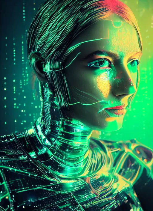 Image similar to dramatic cyberpunk portrait of a metallic woman's face, crystalline, bioluminescent, red glow, green glow, blue glow, atmospheric haze, intense shading, chromatic aberration, glitch, backlit, bokeh, centered