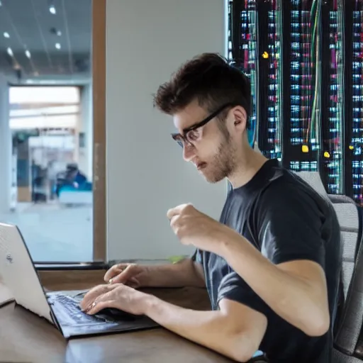 Prompt: a machine learning engineer, waiting for his data processing pipeline to finish running, while everyone else is having fun outside as the world ends