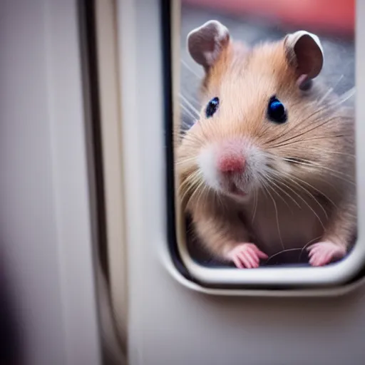 Image similar to photo of a hamster inside a train, looking out of a train window, various poses, unedited, soft light, sharp focus, 8 k