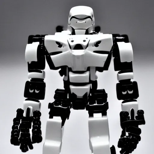 Image similar to black - and - white smiling gigachad meme as a bionicle figure