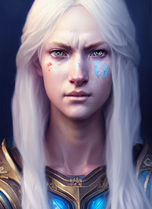 Image similar to a fantasy style portrait painting of shy white female paladin with blonde hair and blue eyes shy scarred left eye, holy oil painting unreal 5 daz. rpg portrait extremely detailed artgerm greg rutkowski _ greg