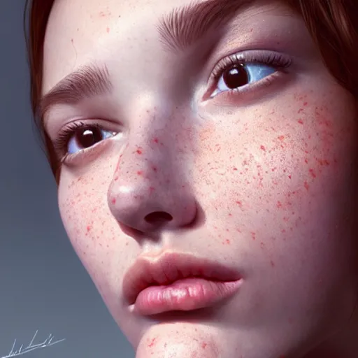 Image similar to beautiful hyperrealism hyperdetailed selfie of a cute young woman, flushed face, red blush, light freckles, puffy lips, soft features, 8 k, sharp focus, art by irakli nadar