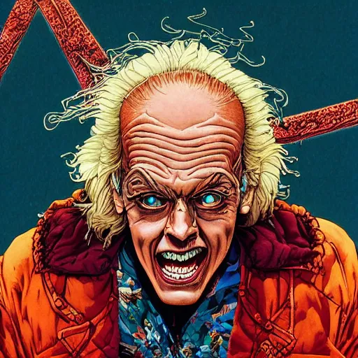 Image similar to portrait of crazy doc brown, symmetrical, by yoichi hatakenaka, masamune shirow, josan gonzales and dan mumford, ayami kojima, takato yamamoto, barclay shaw, karol bak, yukito kishiro