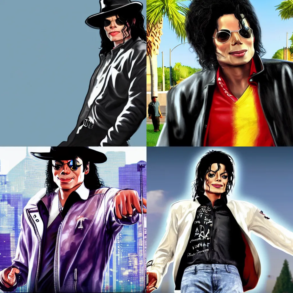 Prompt: michael jackson in the gta v loading screen, masterpiece, 8 k, 4 k, art by stephen bliss