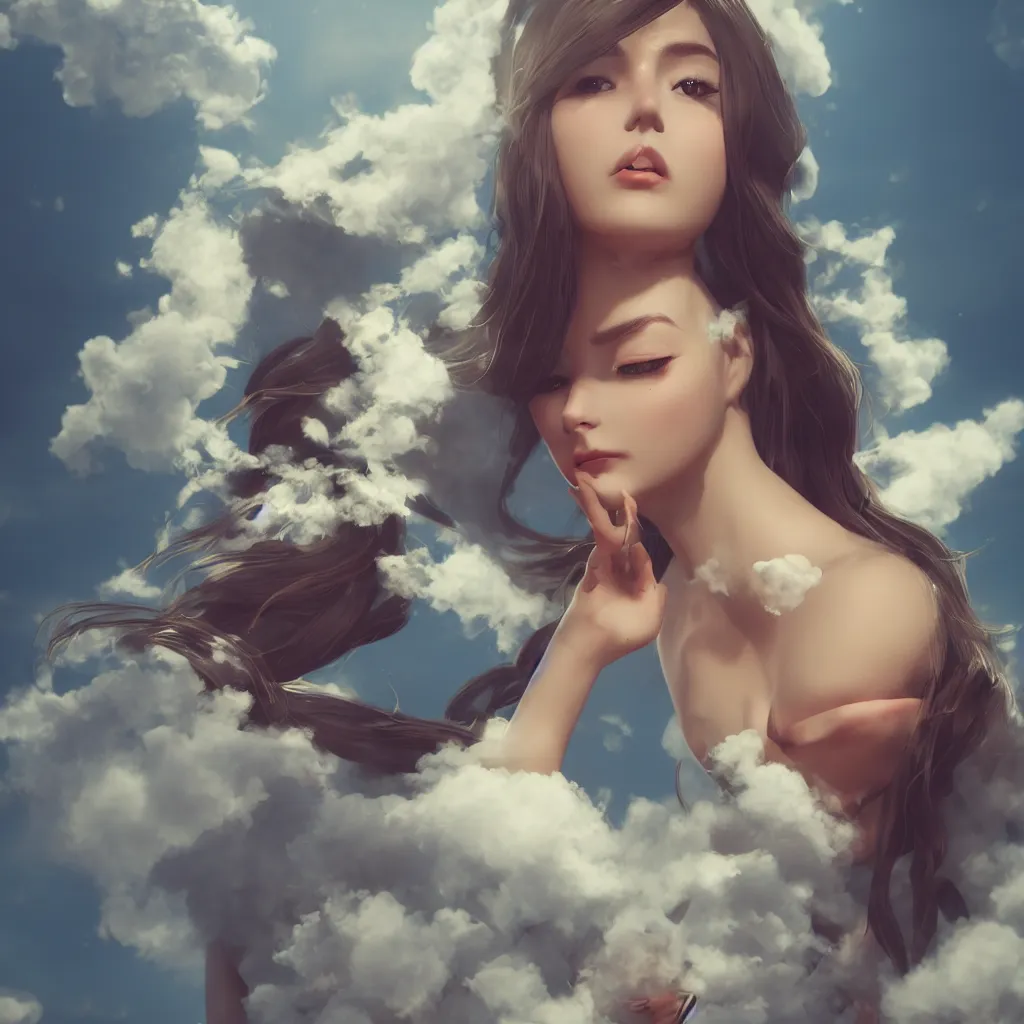 Image similar to beautiful girl in full gown blowing clouds, beautiful portrait, character concept style trending on artstation concept art detailed octane render cinematic photo - realistic 8 k high detailed