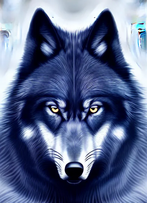 Image similar to dark blue wolf, red eyes highly detailed, deep focus, elegant, digital painting, smooth, sharp focus, illustration, ultra realistic, 8 k, art by wlop